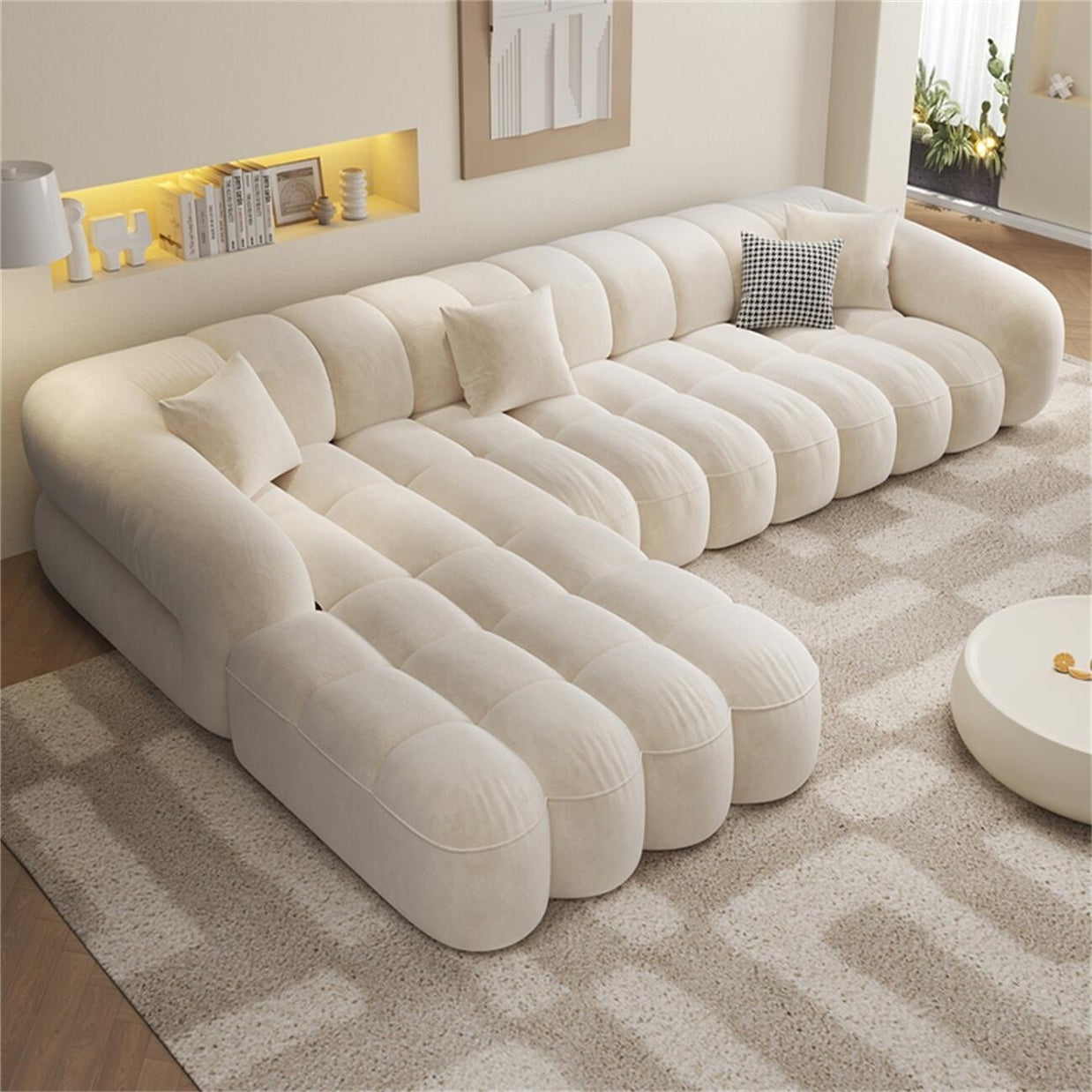 L Shape Corner Sofa Tufted Fleece Multi Color