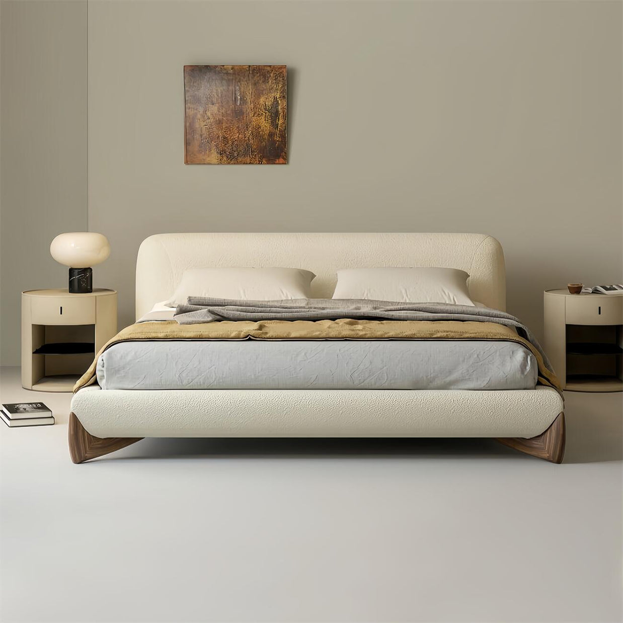 AAF Furniture Sherpa Bed Frame Cream Walnut Legs Low Profile, fabric tufted bed frame, cream sherpa, front angle