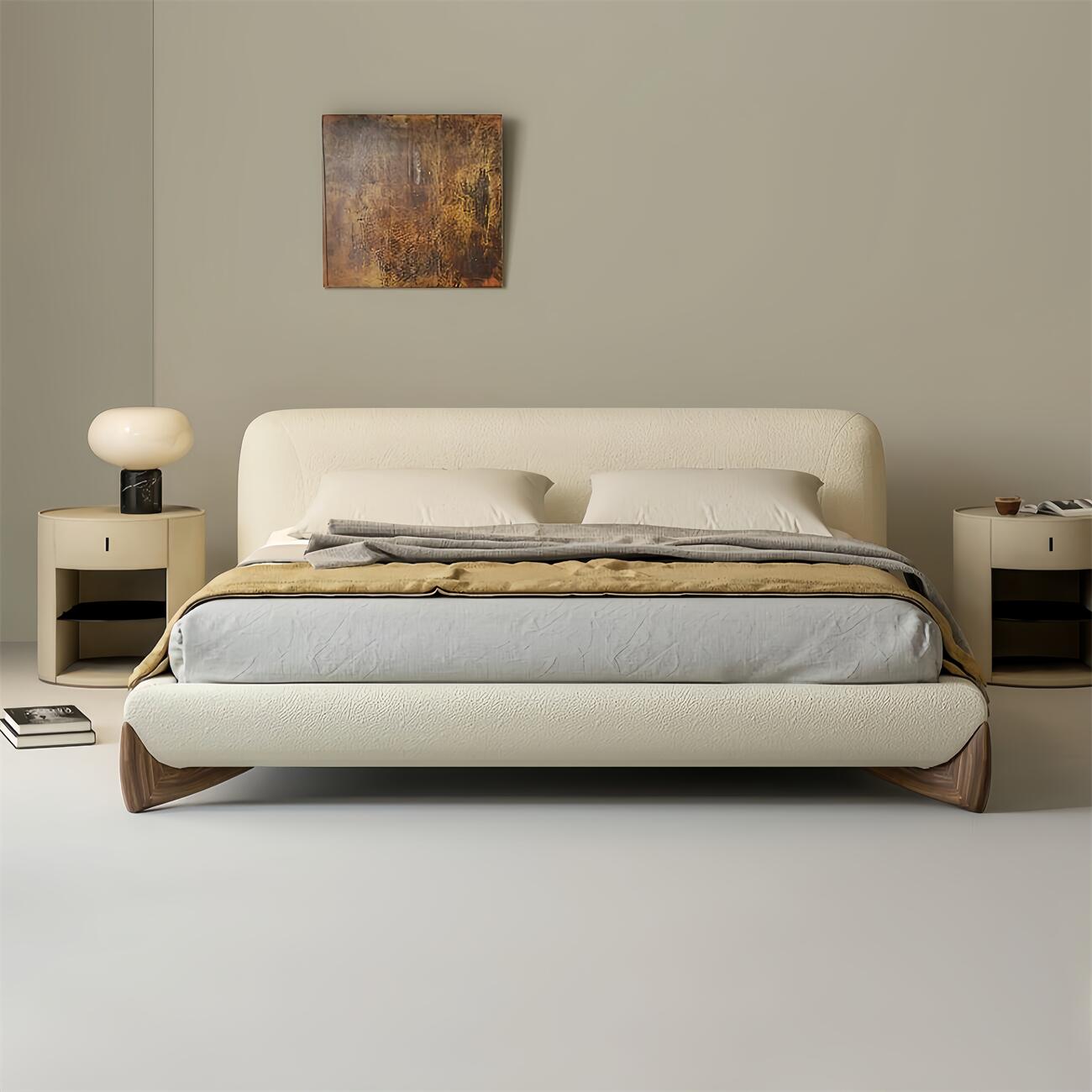 AAF Furniture Sherpa Bed Frame Cream Walnut Legs Low Profile, fabric tufted bed frame, cream sherpa, front angle