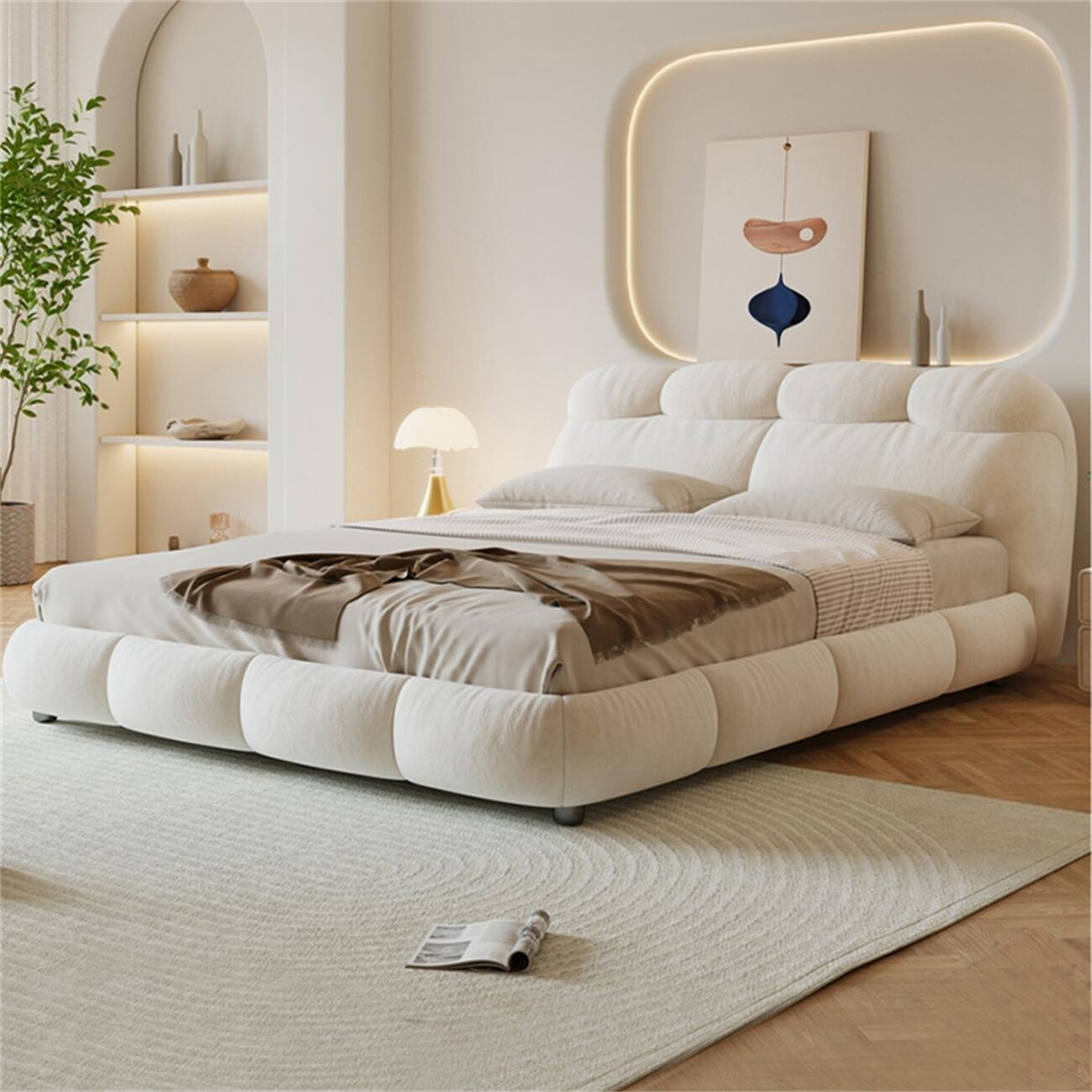 Pearl Haven Fleece Upholstered Premium Off White Color Bed