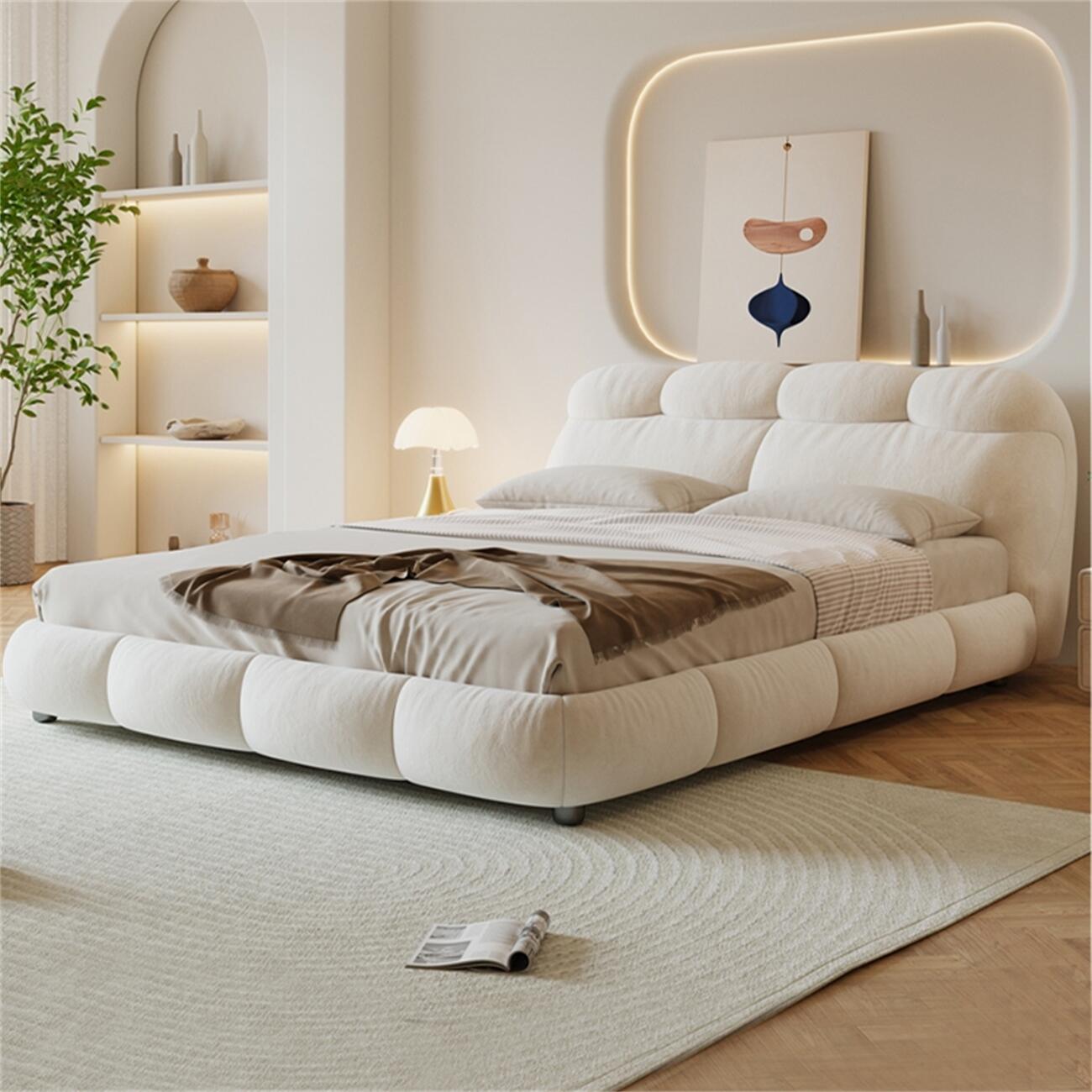 Pearl Haven Fleece Upholstered Premium Off White Color Bed