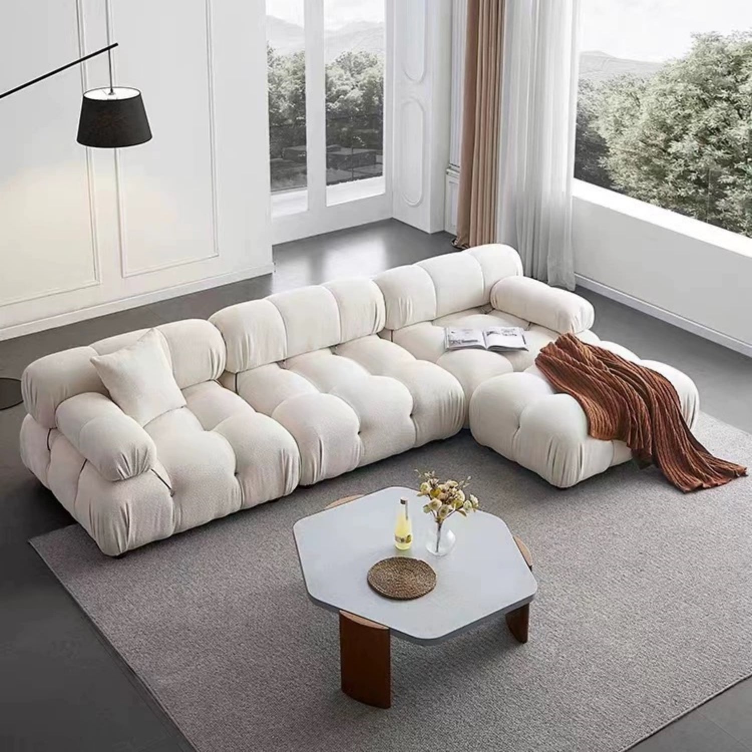 Fleece Sofa Set with Footstool Off-White for Living Room