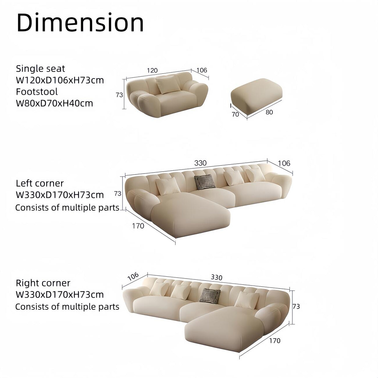 Fleece L-Shape Sectional Sofa Footstool Beige