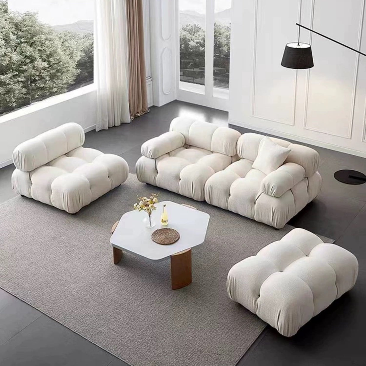 Fleece Sofa Set with Footstool Off-White for Living Room