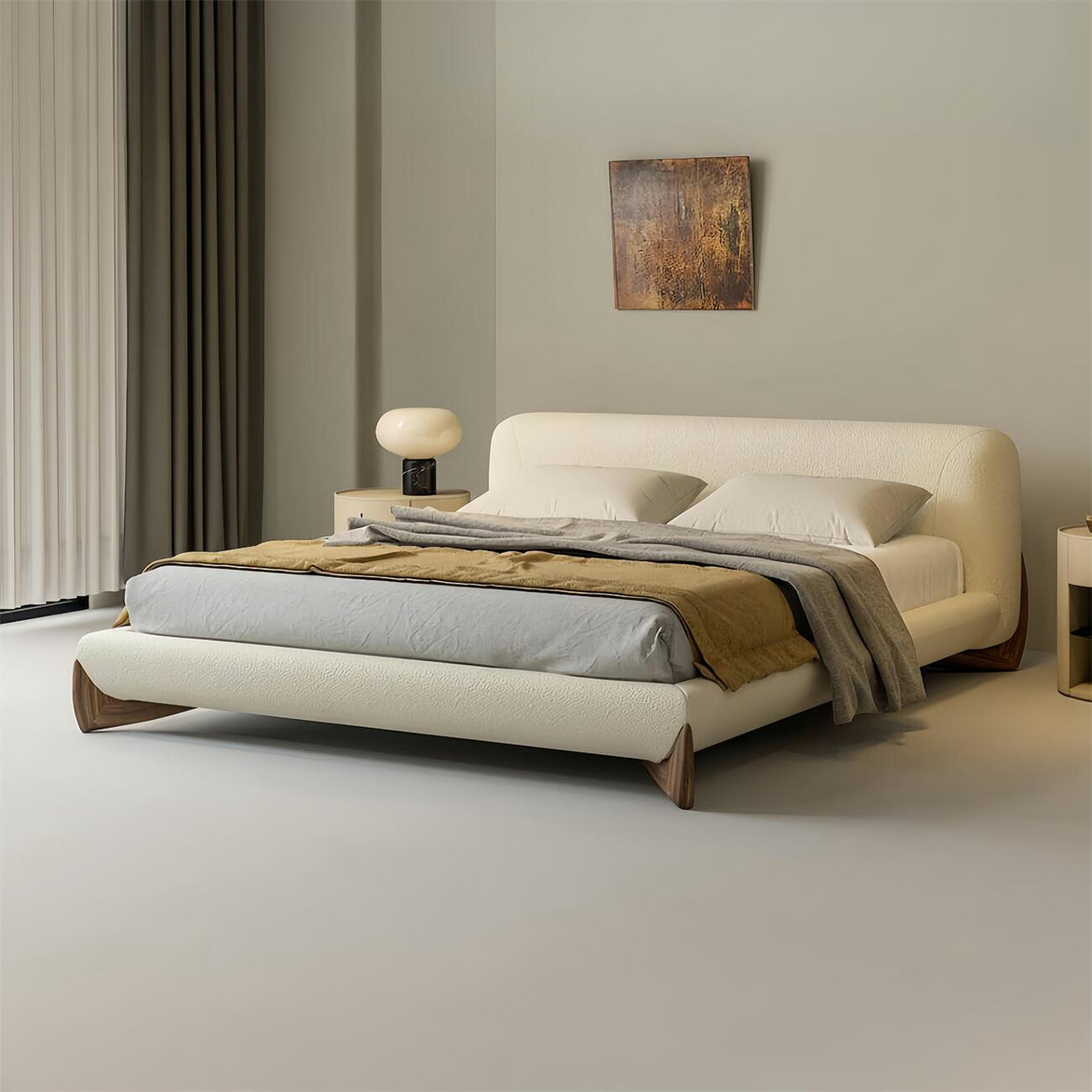 AAF Furniture Sherpa Bed Frame Cream Walnut Legs Low Profile, neutral storage bed, cream sherpa, main view