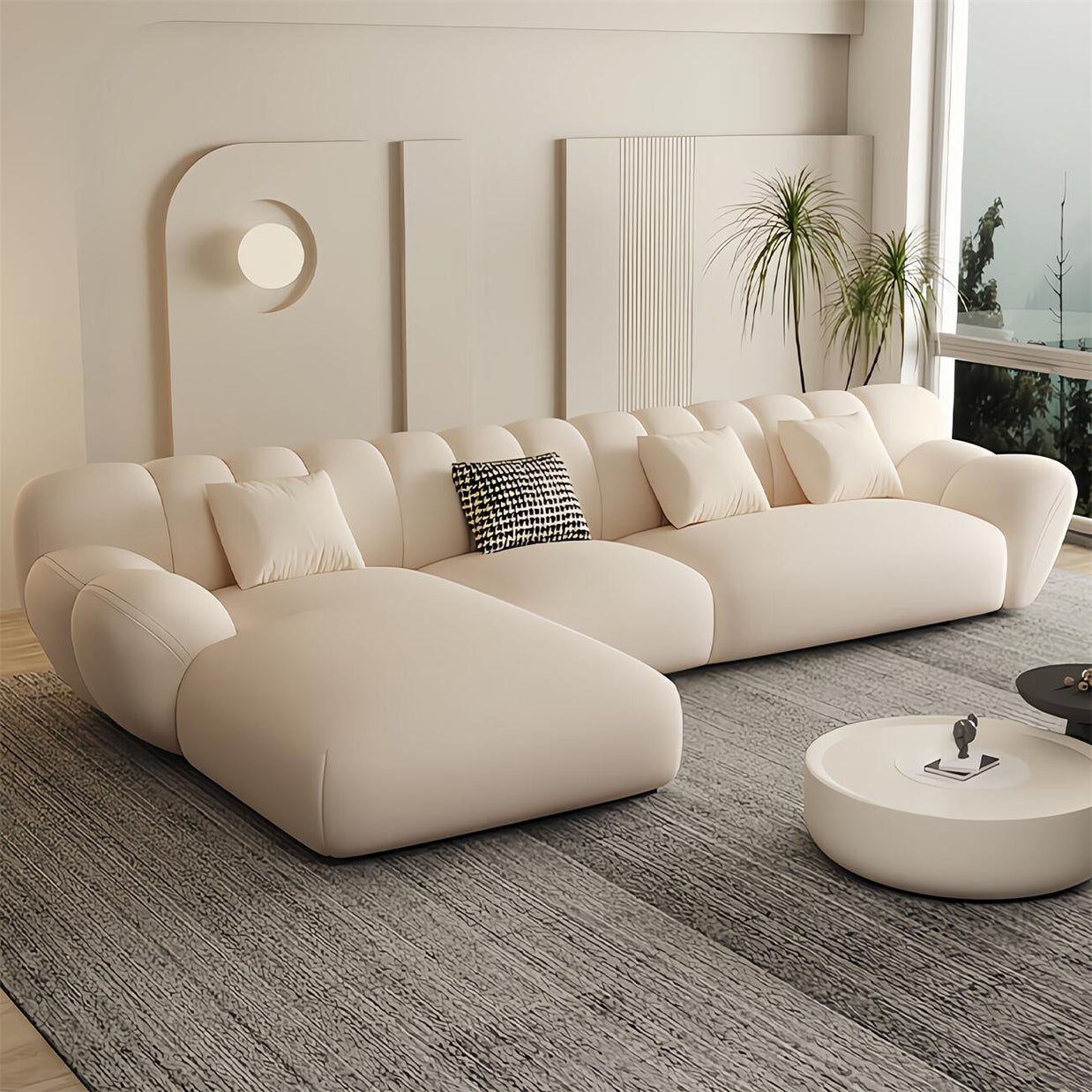 Fleece L-Shape Sectional Sofa Footstool Beige