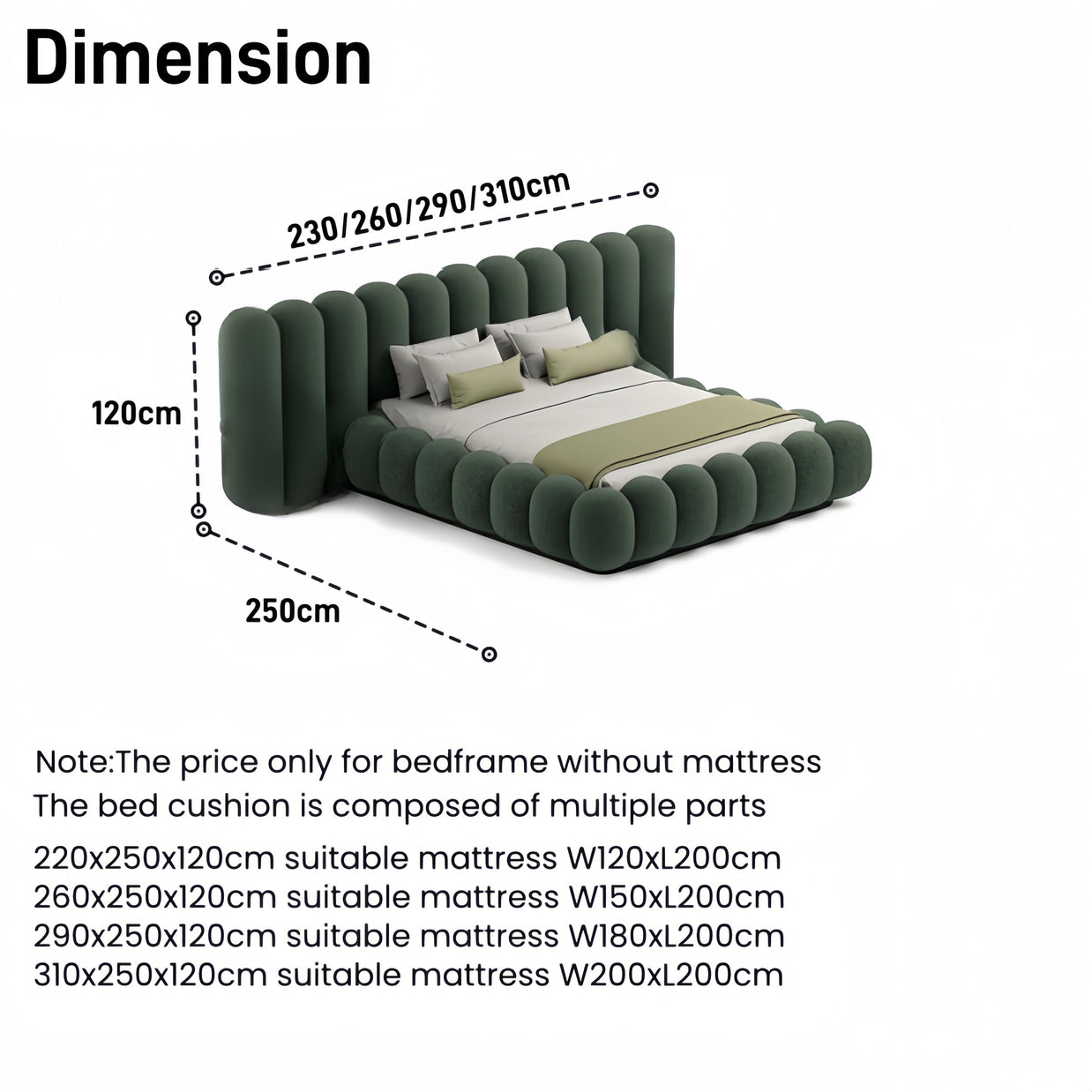 Bellagio Curve Bed Frame Petal Cylinder Headboard Upholstered Bed