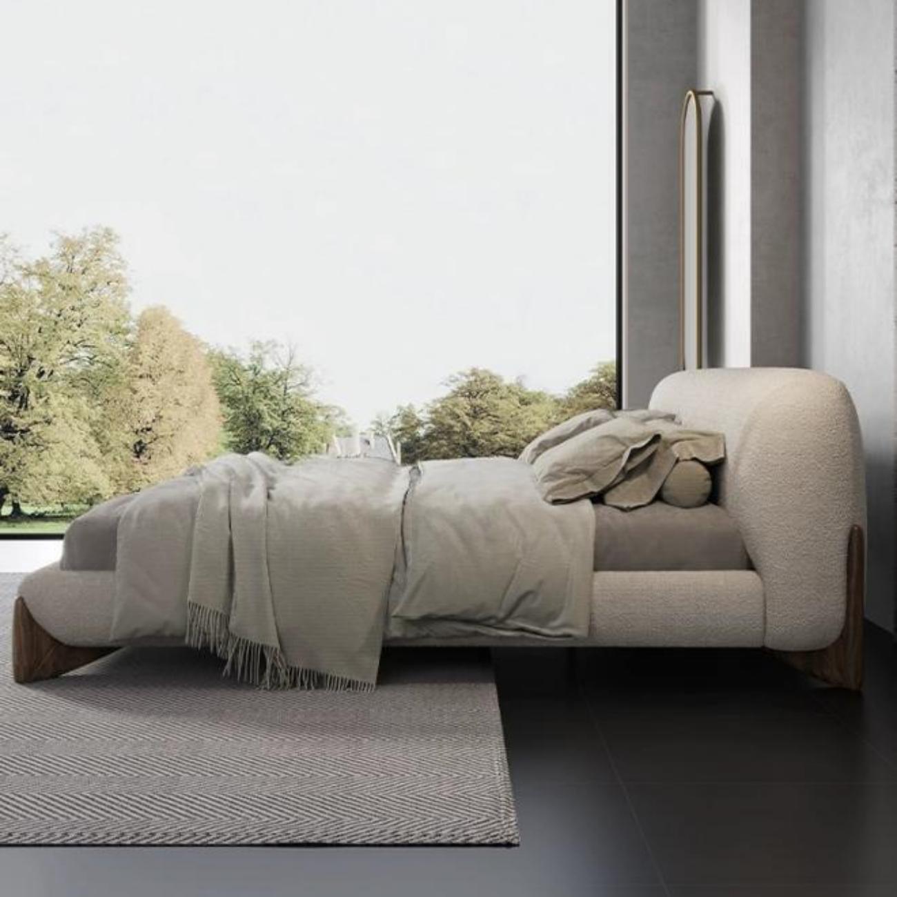 AAF Furniture Sherpa Bed Frame Cream Walnut Legs Low Profile, minimalist platform bed, cream sherpa, full set view