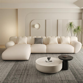Fleece L-Shape Sectional Sofa Footstool Beige