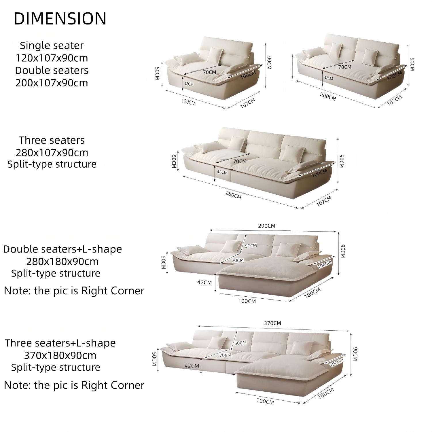 Cloud Multi L-Shape Sofa Set Off-White 1-3 Seats for Living Room