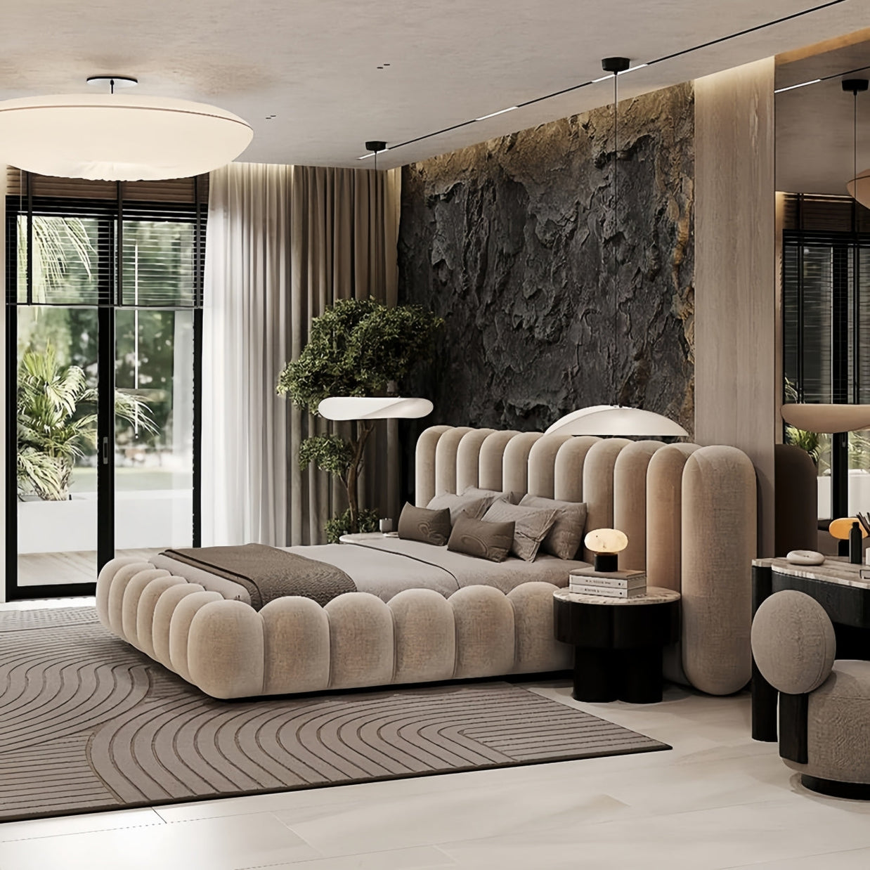 Bellagio Curve Bed Frame Petal Cylinder Headboard Upholstered Bed