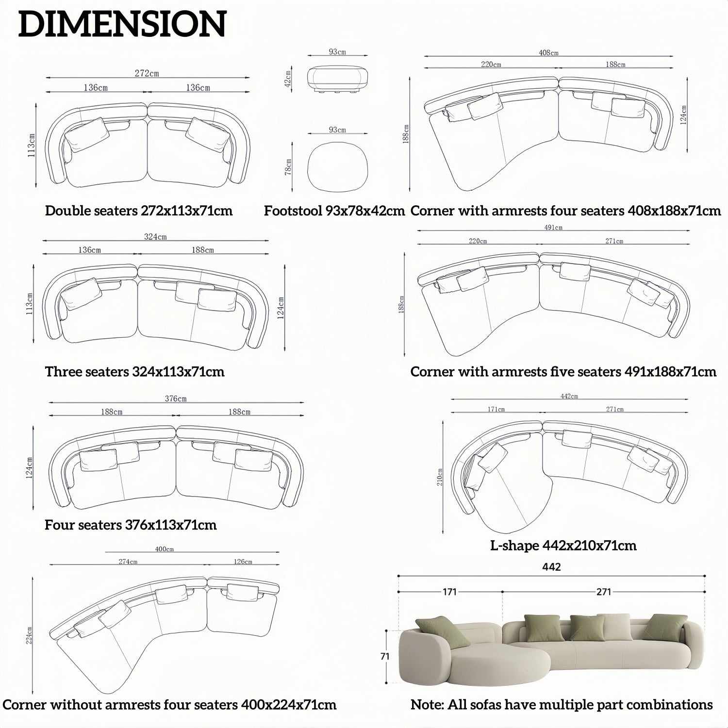 Arc Sofa Set Beige 2-5 Seater L-Shape Corner Sofa
