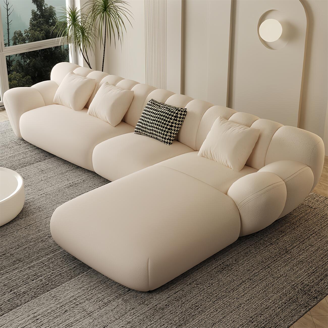 Fleece L-Shape Sectional Sofa Footstool Beige