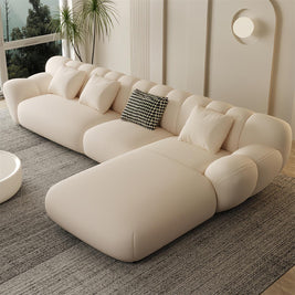 Fleece L-Shape Sectional Sofa Footstool Beige