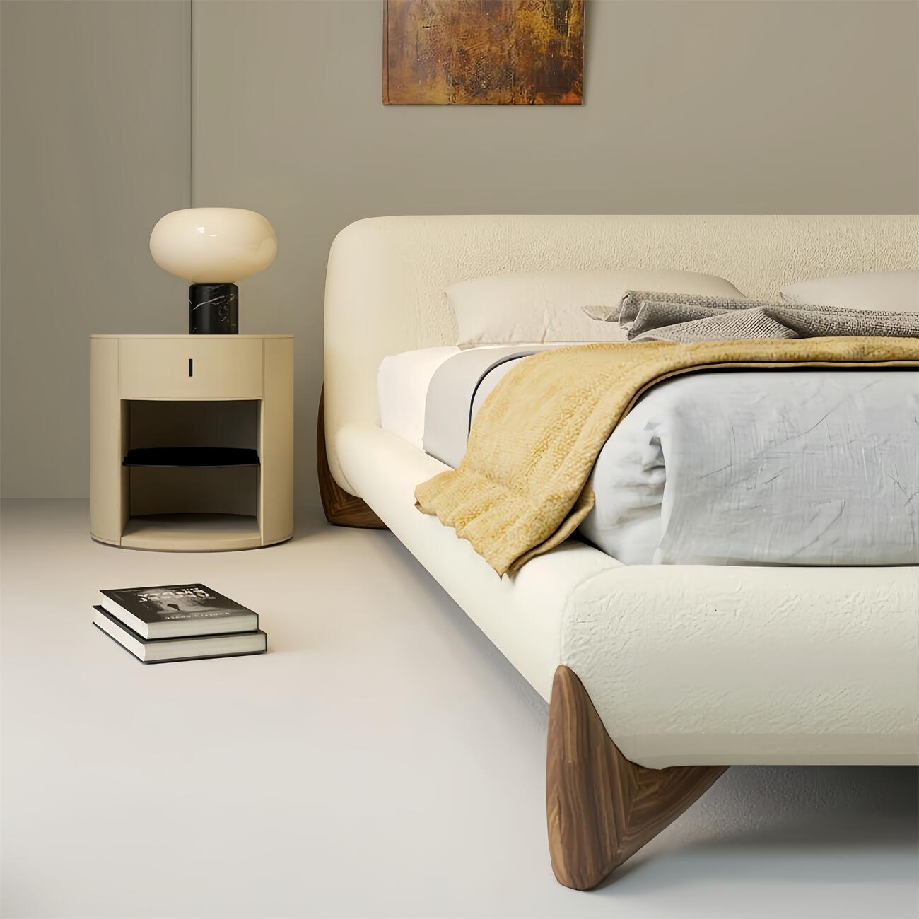 AAF Furniture Sherpa Bed Frame Cream Walnut Legs Low Profile, hydraulic storage bed double, cream sherpa, rear angle