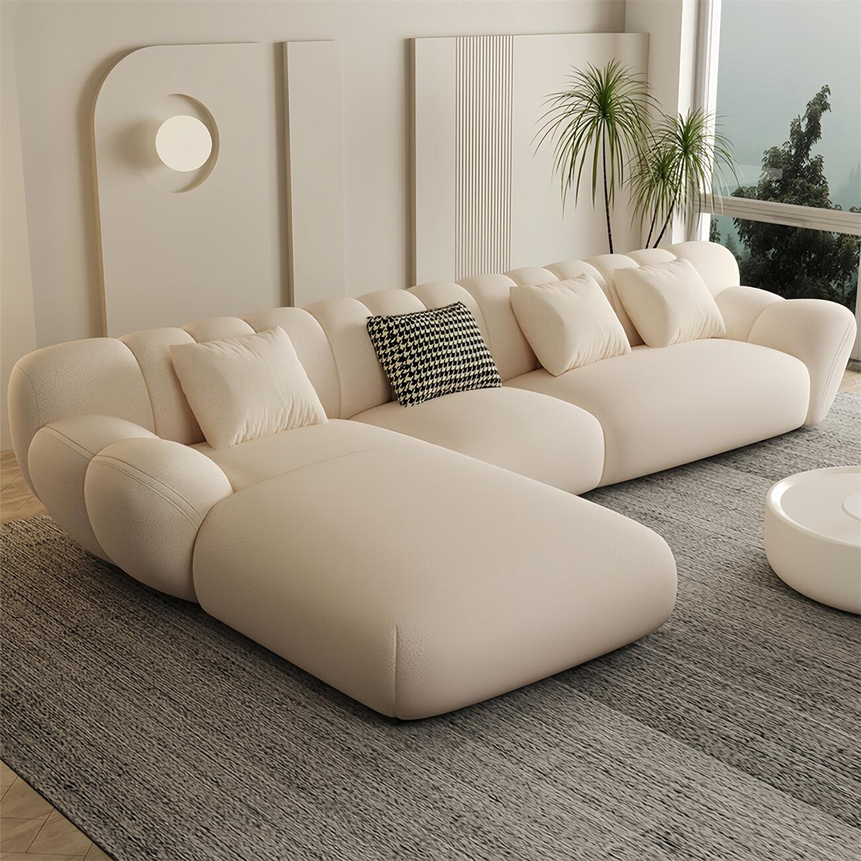 Fleece L-Shape Sectional Sofa Footstool Beige