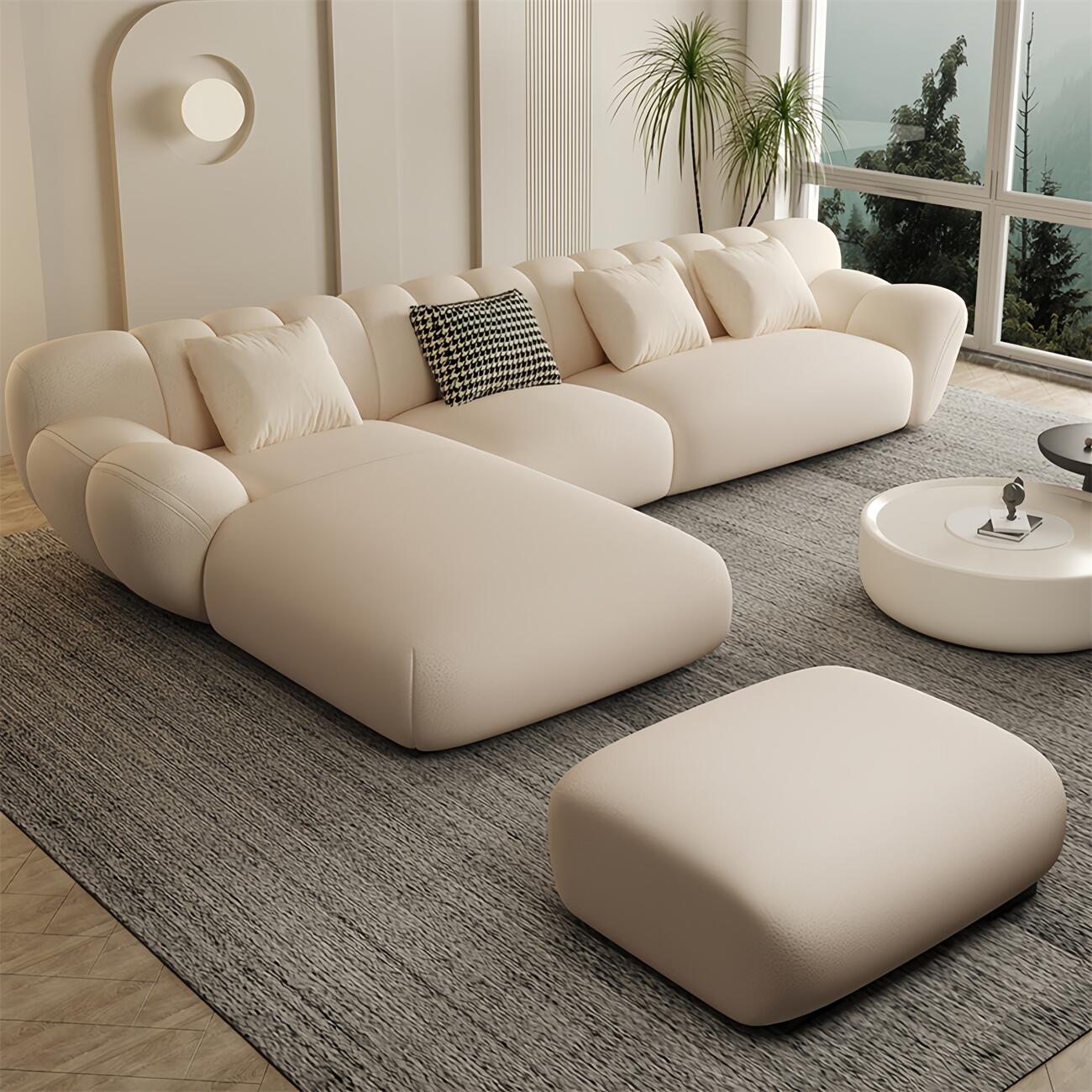 Fleece L-Shape Sectional Sofa Footstool Beige