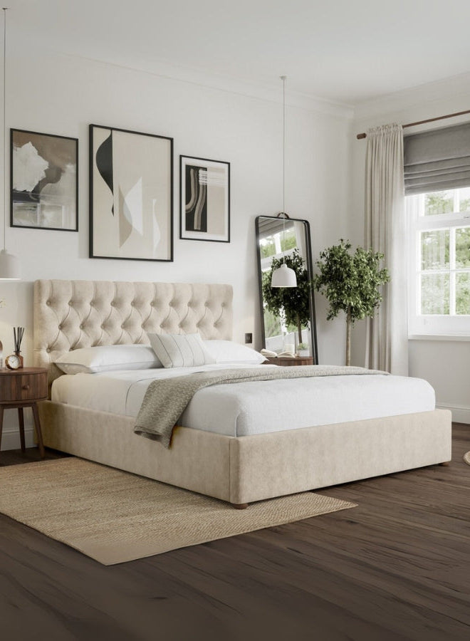Venice Comfort Tufted Upholstered Large Twin Size ( Mattress Size 140 X 190 CM ) Beige Color Bed Size 202 L X  148 W ( Mattress Sold Separately ) Headboard Height 125 CM