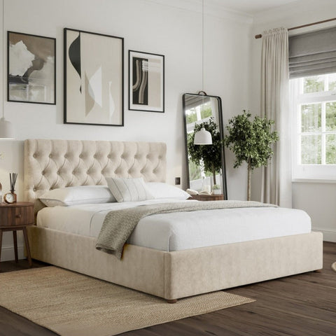 Venice Comfort Tufted Upholstered Large Twin Size ( Mattress Size 140 X 190 CM ) Beige Color Bed Size 202 L X  148 W ( Mattress Sold Separately ) Headboard Height 125 CM