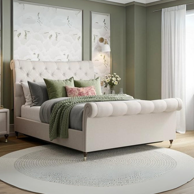 Tranquil Twist Tufted Upholstered Large Twin Size ( Mattress Size 140 X 190 CM ) Off White Color Bed Size 206 L X  148 W ( Mattress Sold Separately ) Headboard Height 125 CM