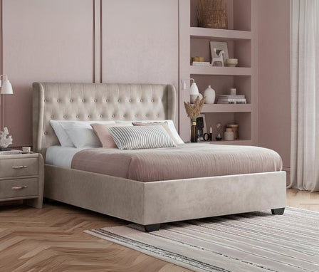 Dusk Duvet Upholstered Large Twin Size ( Mattress Size 140 X 190 CM ) Light Pink Color Bed Size 202 L X  148 W ( Mattress Sold Separately ) Headboard Height 125 CM