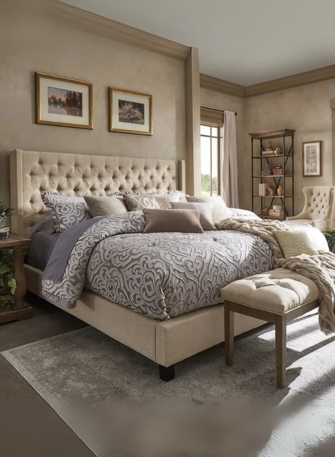 Aureus Tufted Large Twin Size ( Mattress Size 140 X 190 CM ) Beige Color Bed Size 156 W X 205 L CM (Mattress Sold Separately)