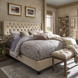 Aureus Tufted Large Twin Size ( Mattress Size 140 X 190 CM ) Beige Color Bed Size 156 W X 205 L CM (Mattress Sold Separately)
