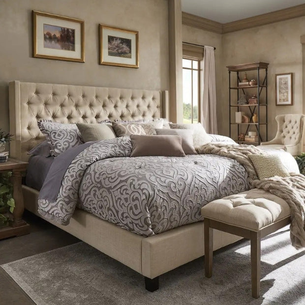 Aureus Tufted Large Twin Size ( Mattress Size 140 X 190 CM ) Beige Color Bed Size 156 W X 205 L CM (Mattress Sold Separately)