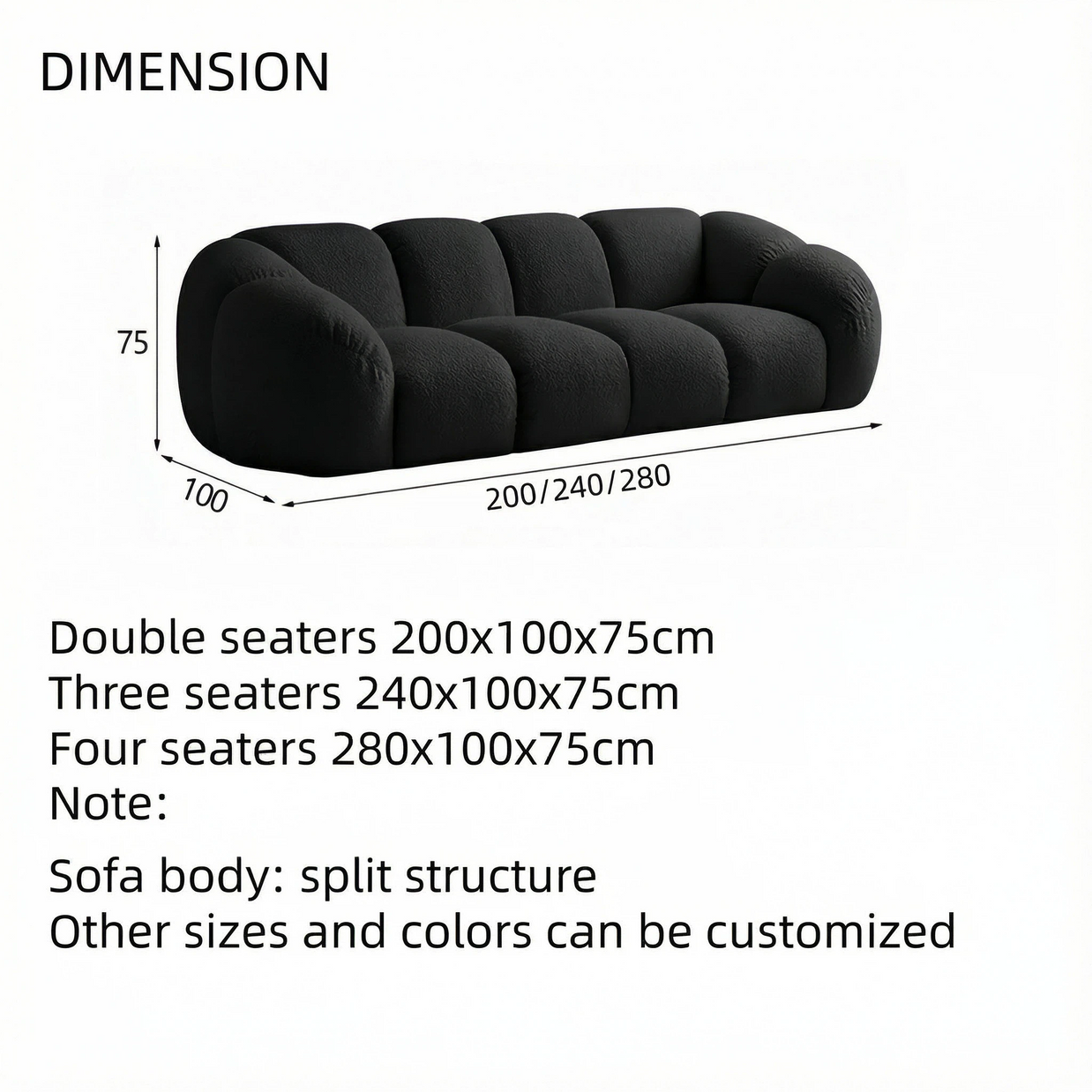 Cloud Straight Sofa Set Black 2-4 Seats for Living Room
