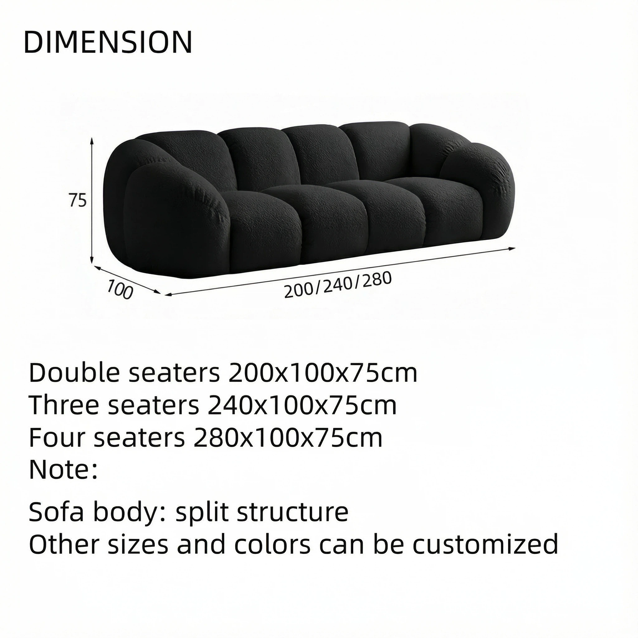 Cloud Straight Sofa Set Black 2-4 Seats for Living Room